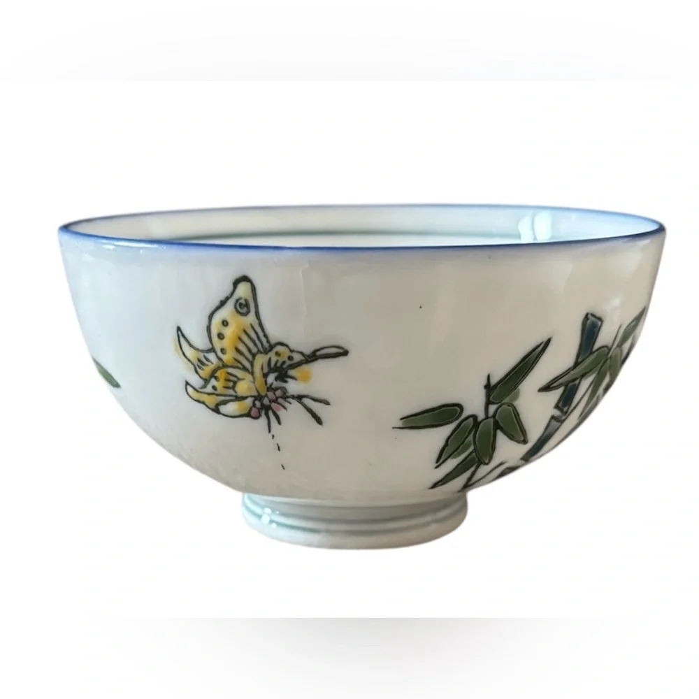 Hand-Painted Chinese small Porcelain rice Bowls 2  hand stamped bamboo butterfly